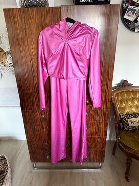 Women’s Pink Faux Leather Jumpsuit with Hood